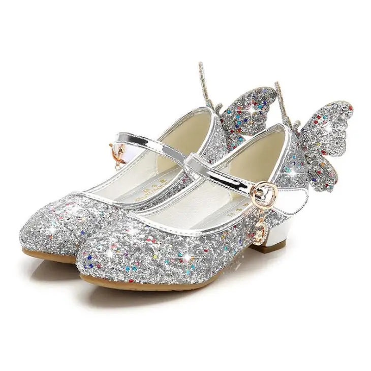 Comprar Niñas zapatos de tacón alto moda niños lentejuelas princesa zapatos mariposa ala fiesta boda niñas baile zapato oro rosa azul plata
