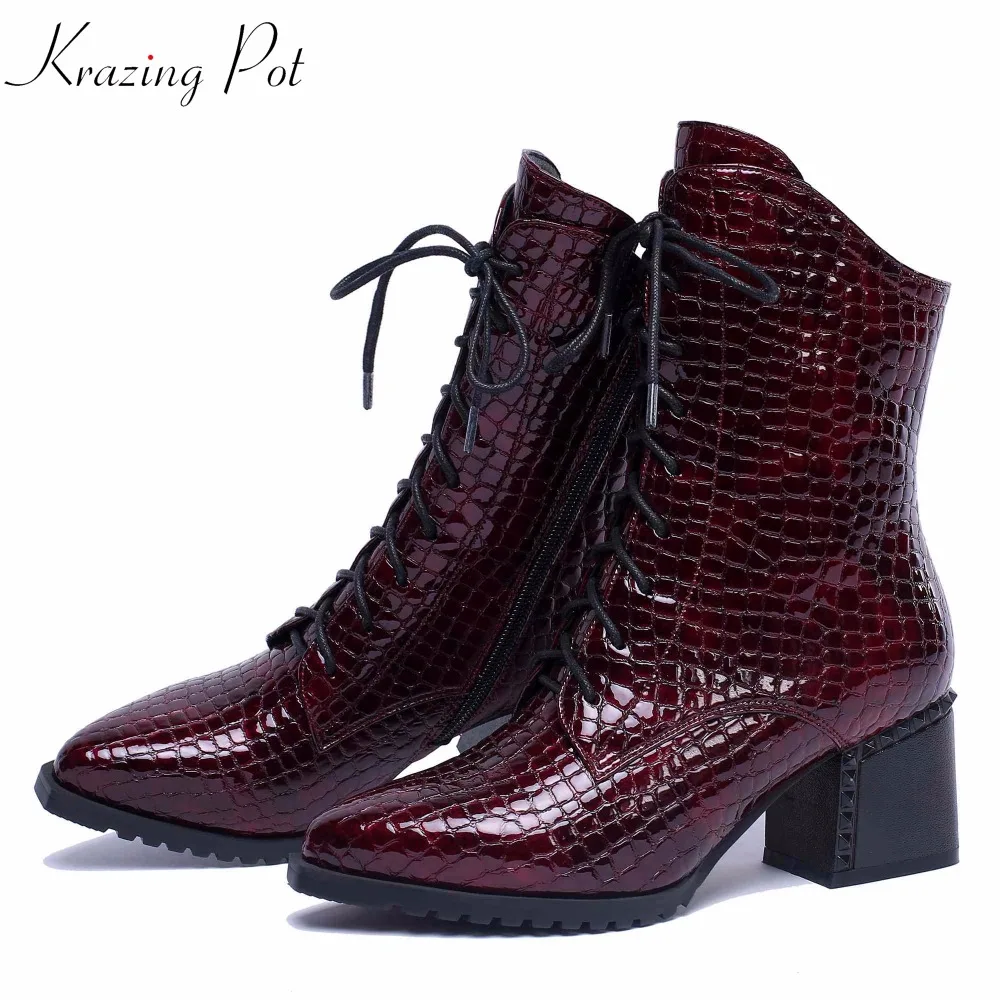 

Krazing Pot new patterns leather keep warm thick high heels pointed toe mature superstar Korean designer ankle Chelsea boots L39