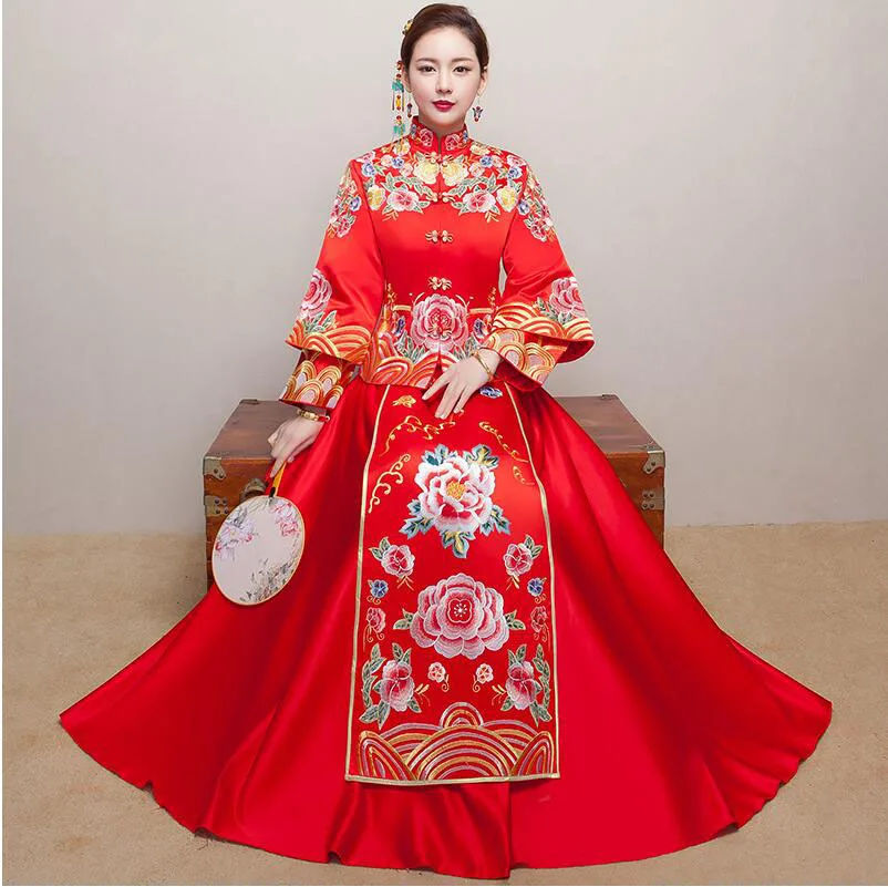 Красный Винтаж китайское кимоно Для женщин Long Qipao Cheongsam свадебное вечернее платье Cheongsam Китайский Сучжоу Вышивка длинное платье