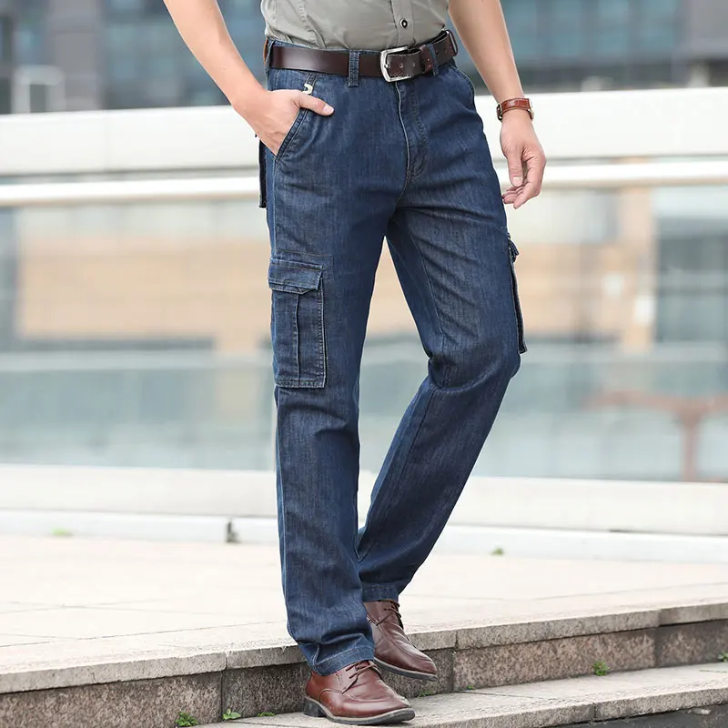 Summer JEEP Brand Cotton Cargo Jeans Elastic Men's Casual Full Length Retro Jeans Multi Pockets Cotton Pants Fashion Trousers 44 (22)