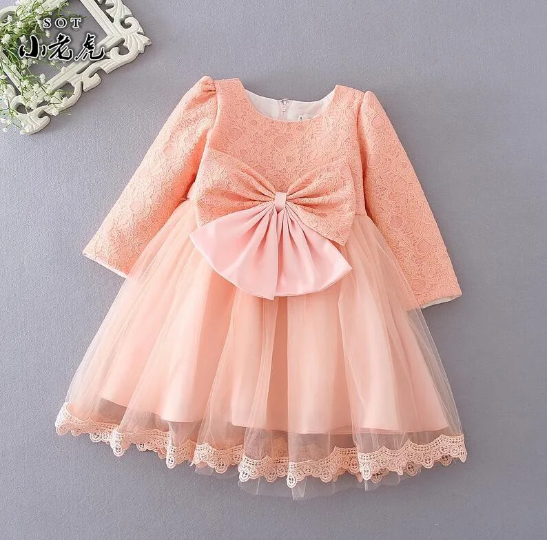 Платье с длинными рукавами для маленьких девочек платье для крещения для маленьких девочек, От 1 до 2 лет платье для дня рождения для маленьких девочек, платье для крещения для младенцев - Цвет: Розовый