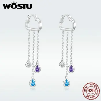

WOSTU 100% 925 Sterling Silver Cloud Rainly Long Line Dangle Earrings Blue Zircon Wedding Earriings For Women Jewelry DAE220