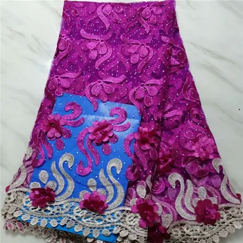 

2019 Latest French Nigerian Laces Fabrics High Quality Purple African Laces Fabric For Wedding French Tulle Lace with Beads