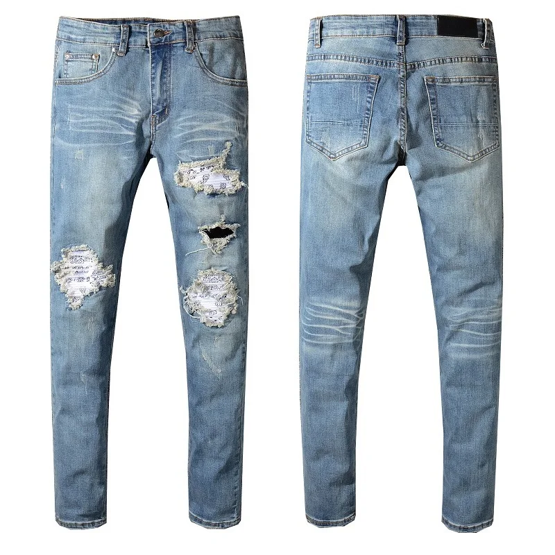 

New Italy Style #550# Men's Distressed Destroyed Pants White Ripped Patches Blue Skinny Biker Jeans Slim Trousers Size 29-40