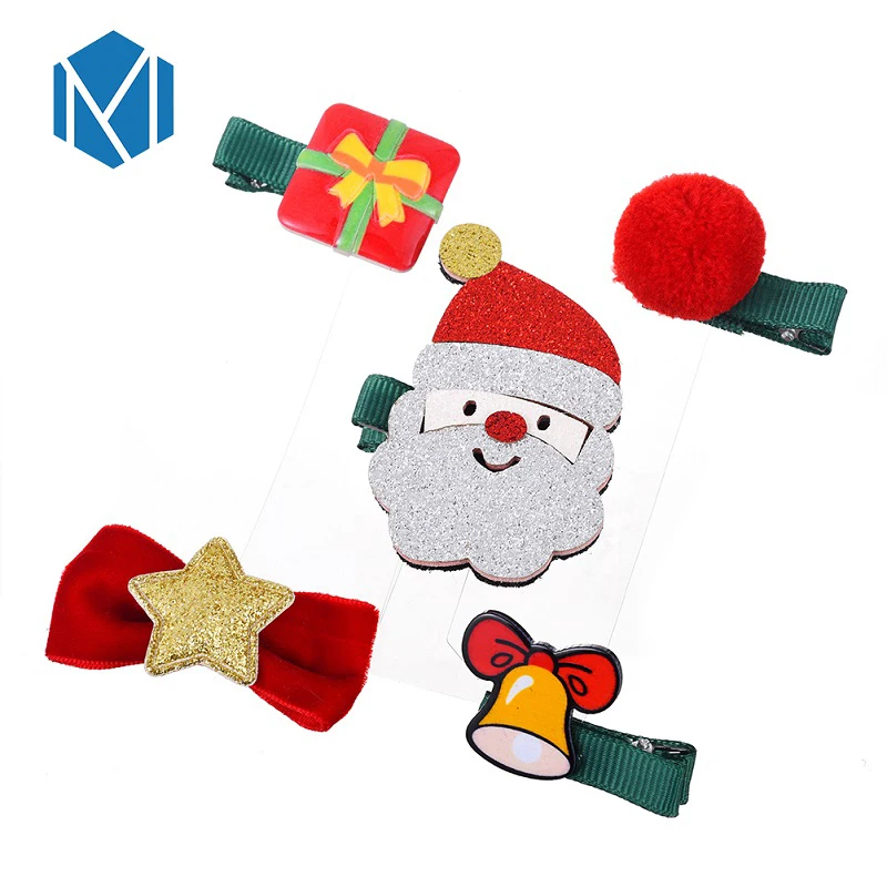 

M MISM 5PCS/Set Children Christmas Gift Hair Clips Santa Tree Deer Bell Ribbon Barrettes Kids Bow Star Pompom Hair Accessories