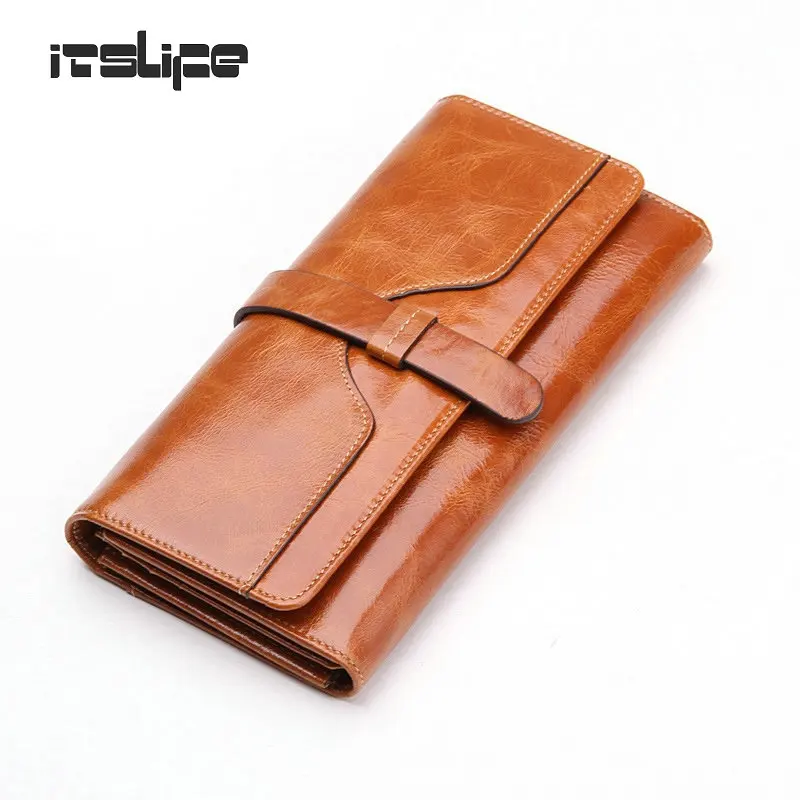 100% oil waxing cowhide wallet for women Long designer drew-string wallet holder women leather genuine purse free shipping