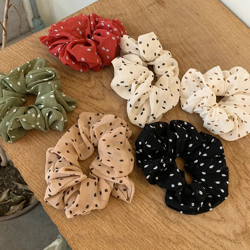 

2019 Korea Vintage Solid Color Wave Point Satin Chiffon Hair Ring Green Elastic Headwear For Women Girls Hair Accessories