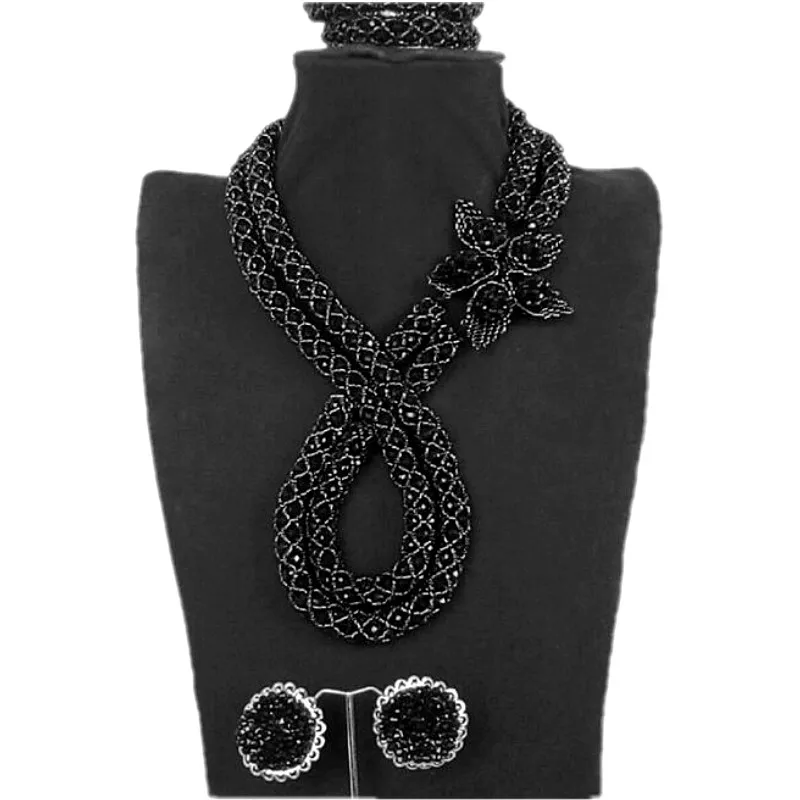 

4UJewelry Jewellery Set Black With Handmade Flower African beads Jewelry Set 2017 Nigerian Wedding Necklace Bracelet Earrings