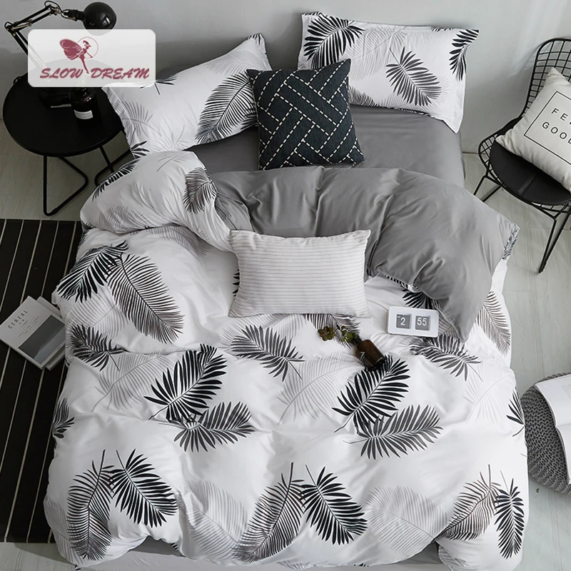 

SlowDream Nordic Style Bedding Set Leaf Pattern Duvet Cover Set Flat Sheet Pillowcase Bedclothes Bed Linen Set Euro For Adult