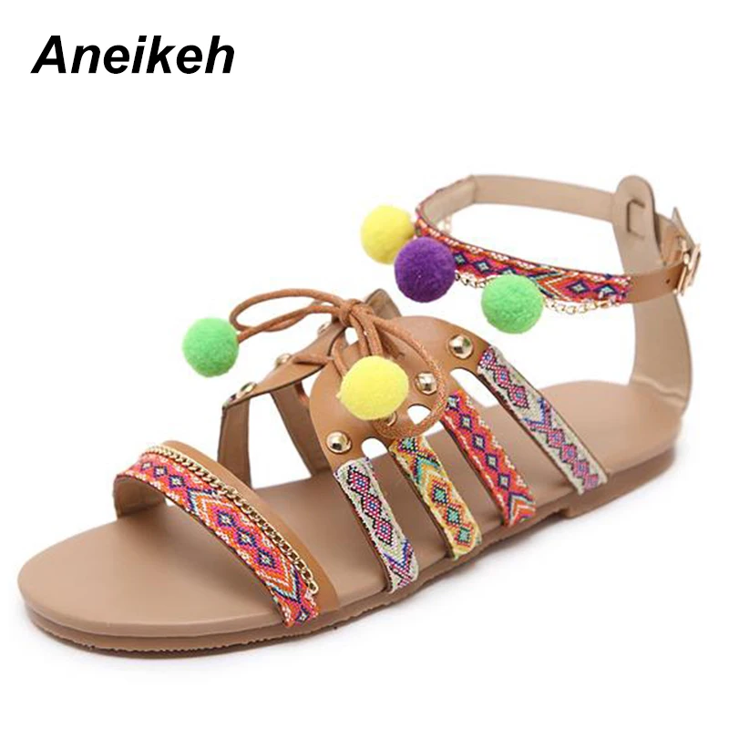 Cruz Zapatos Boho Mujer Brown Flip Pompón Bohemio Flop Borla Correa Casual Gladiador Étnica Mujeres Planas Romano Aneikeh Sandalias PYqw5Y