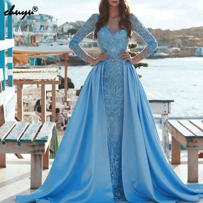 

Blue Muslim Evening Dresses V Neck Stain Appliques Detachable Islamic Dubai Saudi Arabic Evening Gown Long Prom Dress