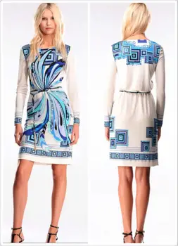 

Women's new European and American fashion beautiful printed long sleeve with belt silk sersey comfortable fabrics spring dress