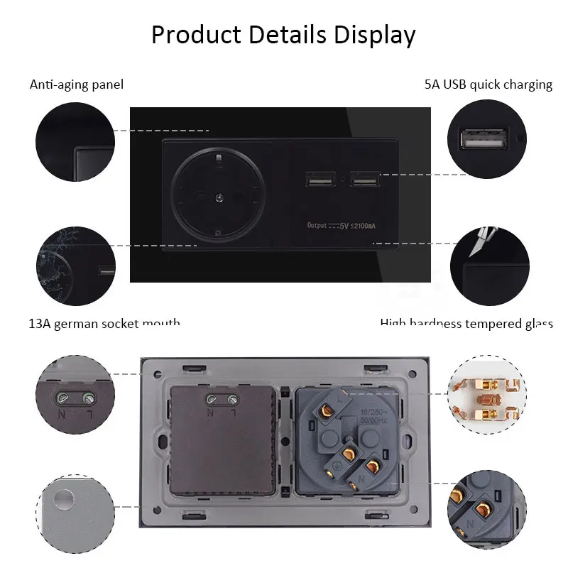 Европейская стандартная настенная кристальная стеклянная панель, розетка с заземлением и двойным usb-портом для зарядки, настенная розетка 146 мм* 86 мм