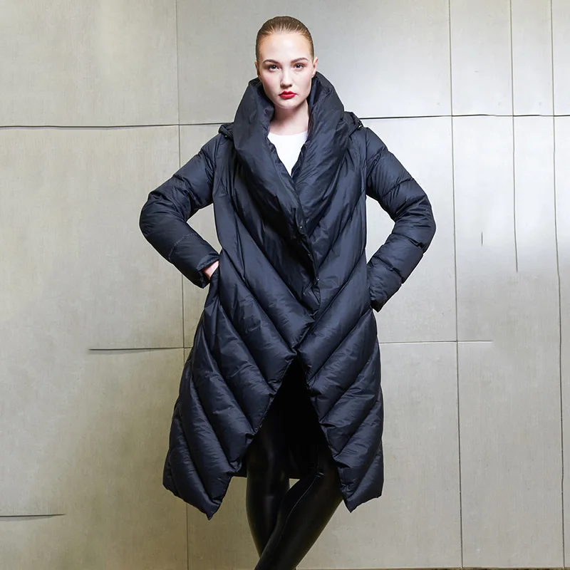 GBYXTY/Модная необычная длинная толстая куртка-пуховик с капюшоном и пером, зимняя женская теплая куртка-пуховик и пальто, пальто, ZA907 - Цвет: Черный