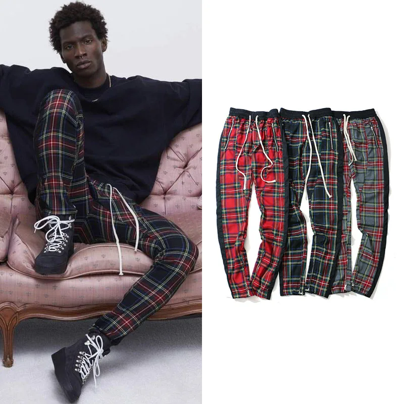 

Vintage Scottish Plaid Joggers Pants Mens Tartan Track Pants Justin Bieber Drawstring Ankle Strap Zip Patch Sweatpants Hip-hop