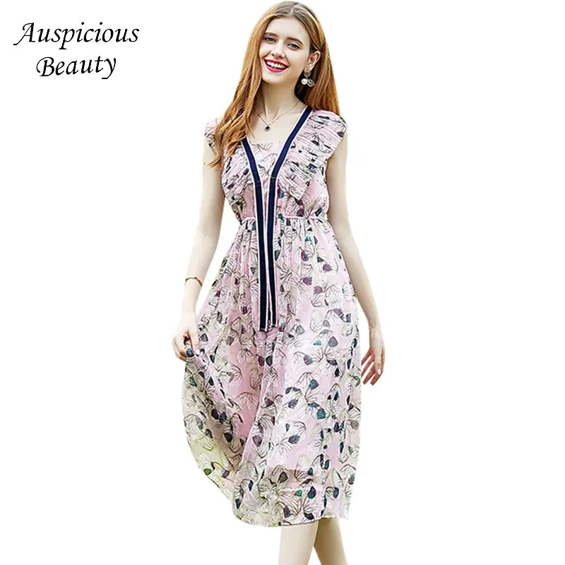 Sweet Chiffon Floral Dress Spring Summer Women Sleeveless V Neck