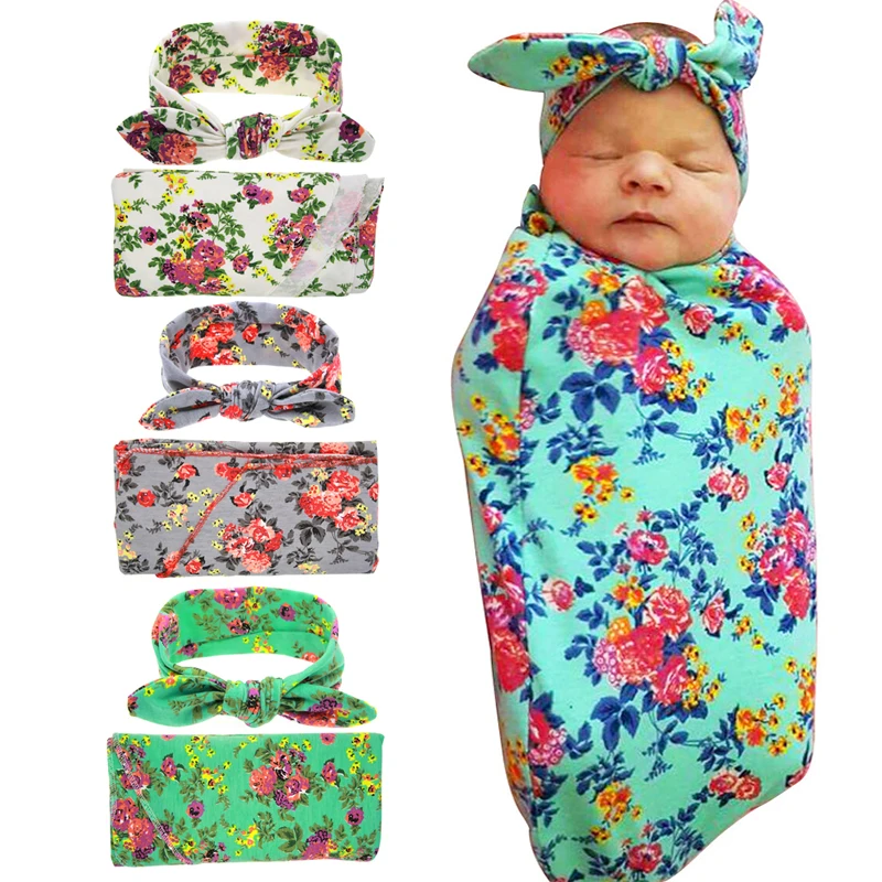 HOT Newborn Headwrap+Swaddle infant Wrap Swaddled Set Flowers Baby