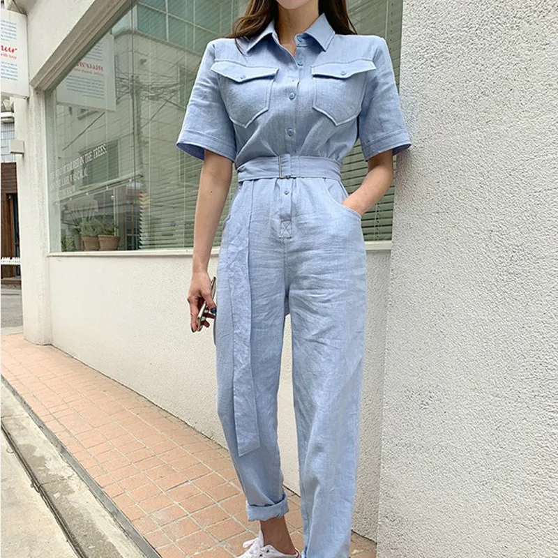

High Quality Slant Pocket Jumpsuit Women 2019 Summer Short Sleeve Belted Jumpsuits Ladies Solid Button Detail Jumpsuit