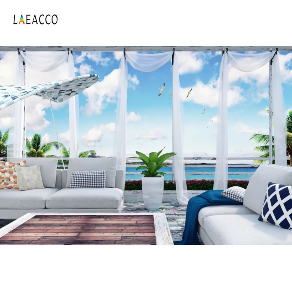

Tropical Summer View House Curtain Sofa Blue Sky Sea Baby Interior Photography Backdrop Photo Backgrounds Photocall Photo Studio