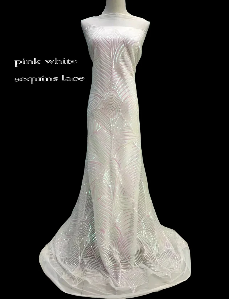 

Free shipping (5yards/pc) Wonderful African sequins net lace fabric in pink and white with embroiderey for party dress FNS117
