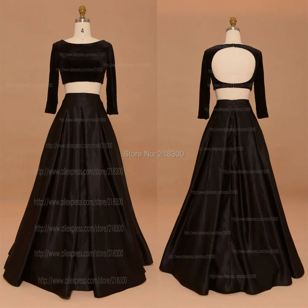 Crop Top Black Prom Dresses Long Beaded Backless Evening Dressesin