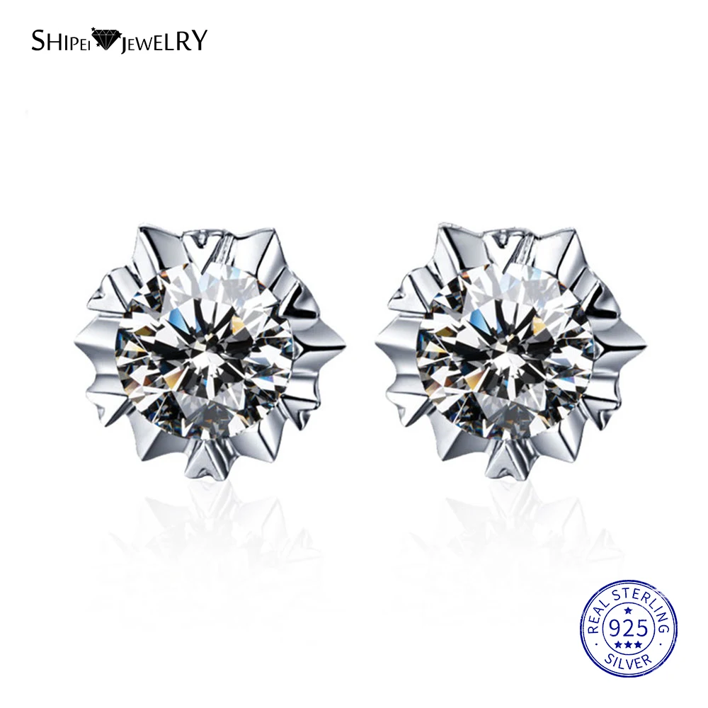 

ShiPei 100% 925 Sterling Silver Fine Jewelry Unique White Gold Round White Sapphire Round Stud Earrings for Women Birthday Gift