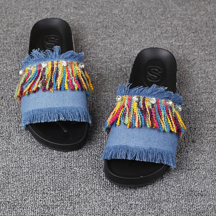New Summer Colorful Fringed Leather Flat Heel Open Toe Slip Shoes Ladies Casual Slipper 2016 Woman Leisure Footwear Cheap54