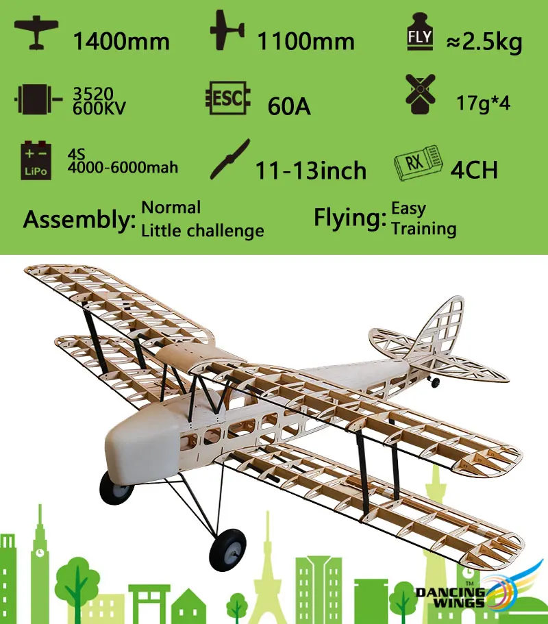 De habilland DH82a биплан тигра мотылька 1400 мм Лазерная резка набор из пробкового дерева(Газовая мощность электрической мощности) модель древесины/план древесины