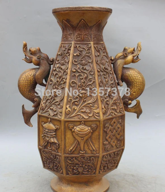 

shitou 00412 18"Marked Chinese Pure Bronze 8 auspicious symbol Dragon Fish Vase Bottle Statue discount 30% (C0324)