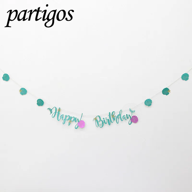 1set Mermaid Glitter Banner Cardboard Blue Letter Garland HAPPY BIRTHDAY Purple Shell Banner Ocean Birthday Party Decoration