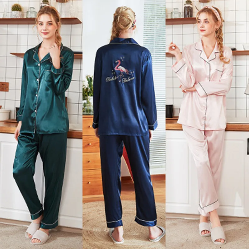 

Flamingo Embroidery 2 Piece/Set Women Rayon Silk Cool Summer Pyjamas Sexy Female Long Pants Shirt Stitch Lingerie Sleepwear