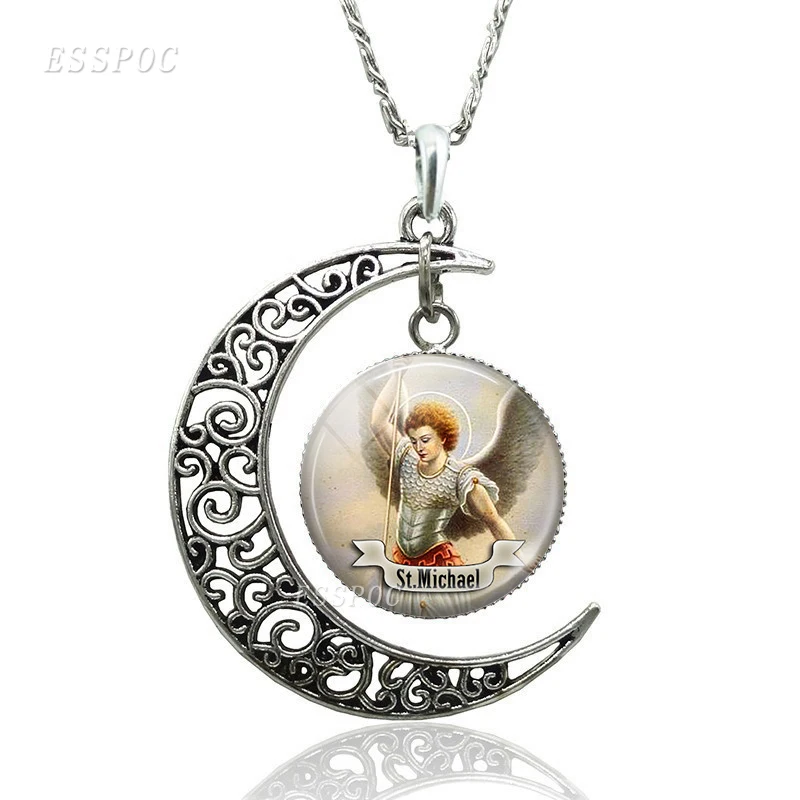 St Michael Crescent Moon ожерелье религиозный Saint стеклянный кабошон для кулона Модные