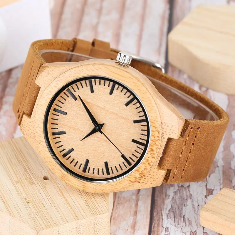 Мужские деревянные часы, Простые аналоговые бамбуковые деревянные часы, мужские часы из натуральной кожи, мужские часы, Топ люксовый бренд, reloj para hombre