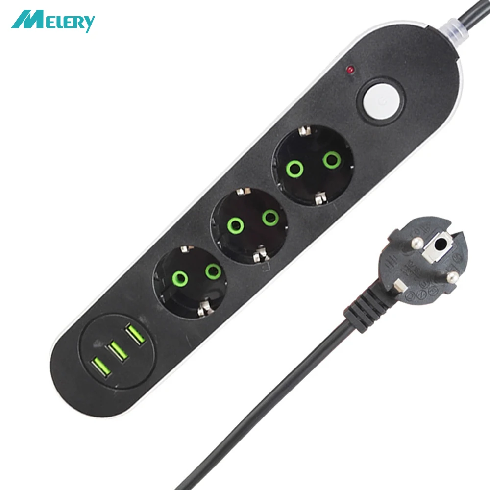 

USB Power Strip Surge Protector 3 EU Outlet Plug Socket with USB Charging Ports and 2m/6.5Ft Extension Cord for Phone Camera