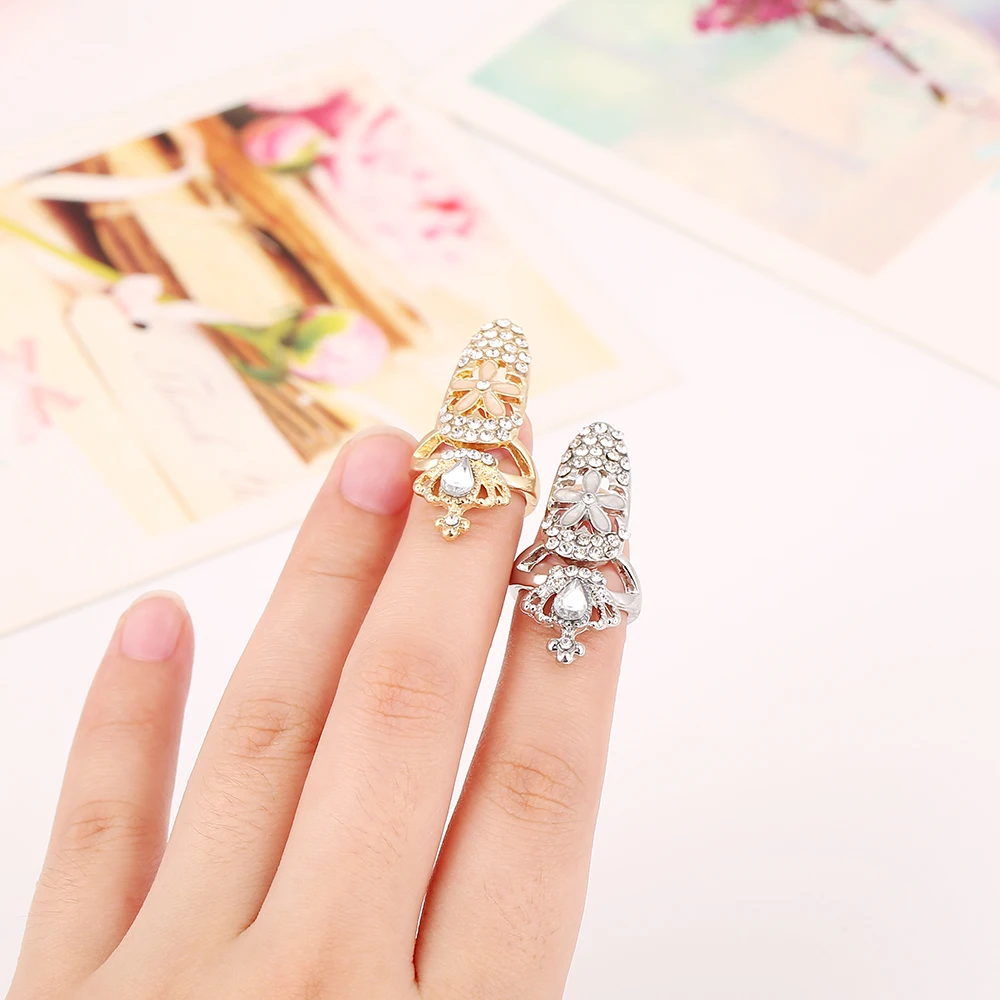 

2016 New Arrival Fashion Charm Plating Gold/Silver Crystal Small Flowers Imperial Crown Hollow Finger Nail Rings for Women