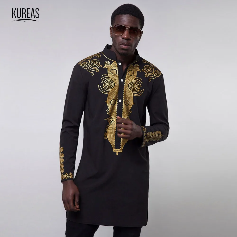 

Kureas Dashiki Men African Clothing Print Henley Shirts Long Sleeve Traditional Africa Mid Long Clothes Slim Fit Tops