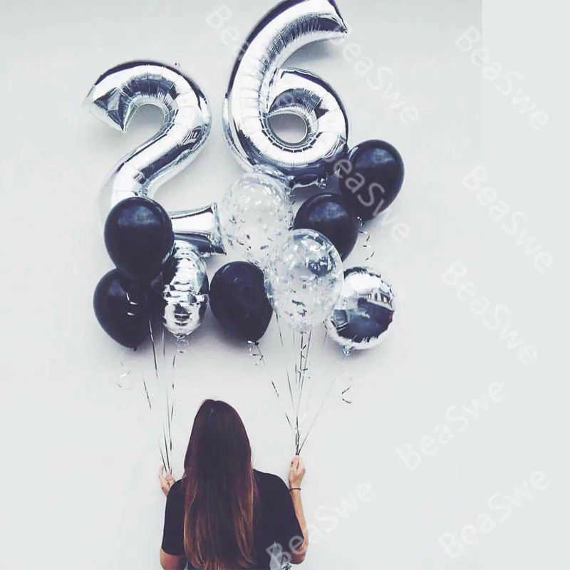 12 шт. 32 дюйма Серебряный номер 26+ 18 дюймов круглые воздушные шары из фольги+ конфетти черные латексные шары для взрослых день рождения, мероприятие, вечеринка Декор
