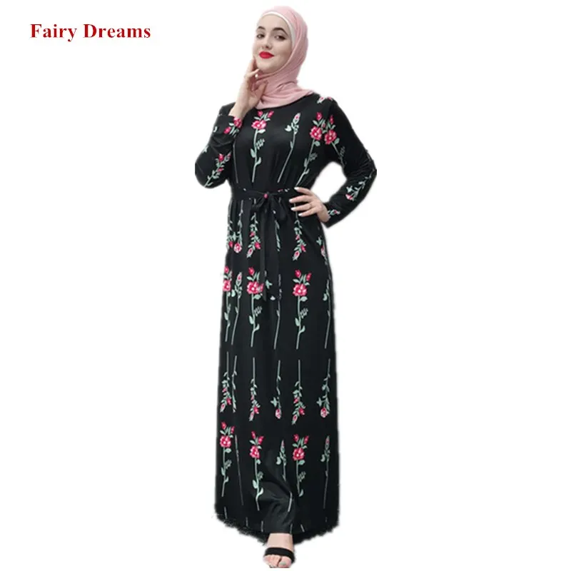 

Maxi Muslim Dress Women Black Hijab Abaya Kimono Turkey Dubai Kaftan Turkish Islamic Clothing Bangladesh Rose Flowers Print Robe