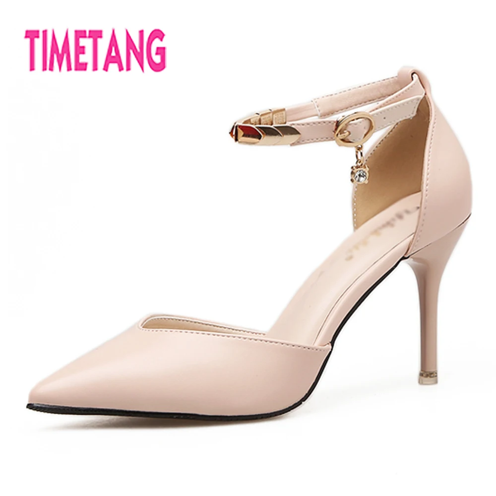 

TIMETANG 2018 Spring New Beautiful Pointed Toe High Heel Woman Pumps Metal Decoration OL/Dress Shoes 5/6.5/8.5cm 3 Heel Types