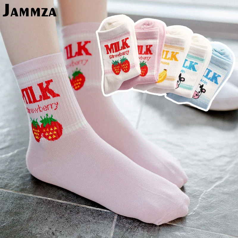 

New Spring Summer Fashion Korea Style Pink Women Strawberry Milk Fruit Cartoon Socks Casual Cute for Student Cotton Casual Crew