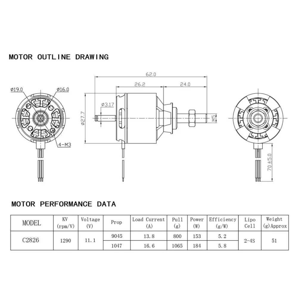 DXW C2826 2826 1290KV 2-4S 5mm Outrunner Brushless Motor for RC FPV Fixed Wing Drone Airplane Aircraft 1290 Propeller