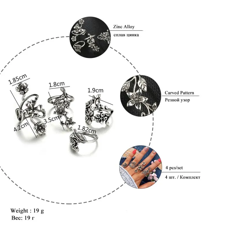G008 хит, 4 шт., винтажные кольца на кончик пальца для женщин, очаровательный турецкий большой лепесток цветка розы, кольцо на палец средней длины, набор, ювелирные изделия в стиле бохо, панк
