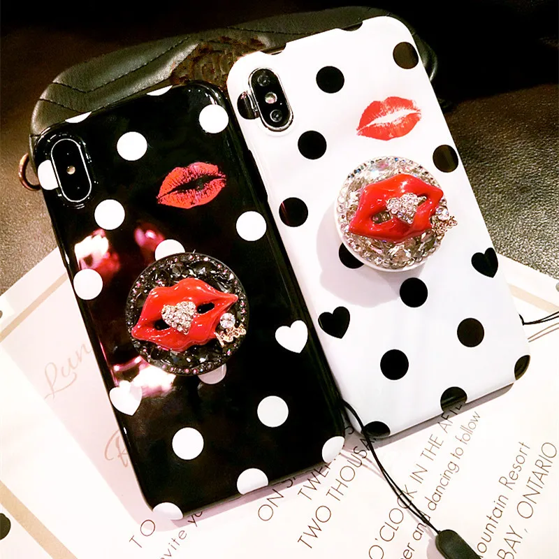 

Rhinestone Gem Lips Airbag Bracket Phone Case For iPhone 6 7 8 Plus X XS MAX Sexy Lips Wave Point Soft Protective Phone Cover