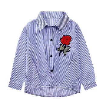 

Kids Shirt Fashion Girl Stripe Shirt Spring Embroidery Pullover Girl Clothing Blue Color