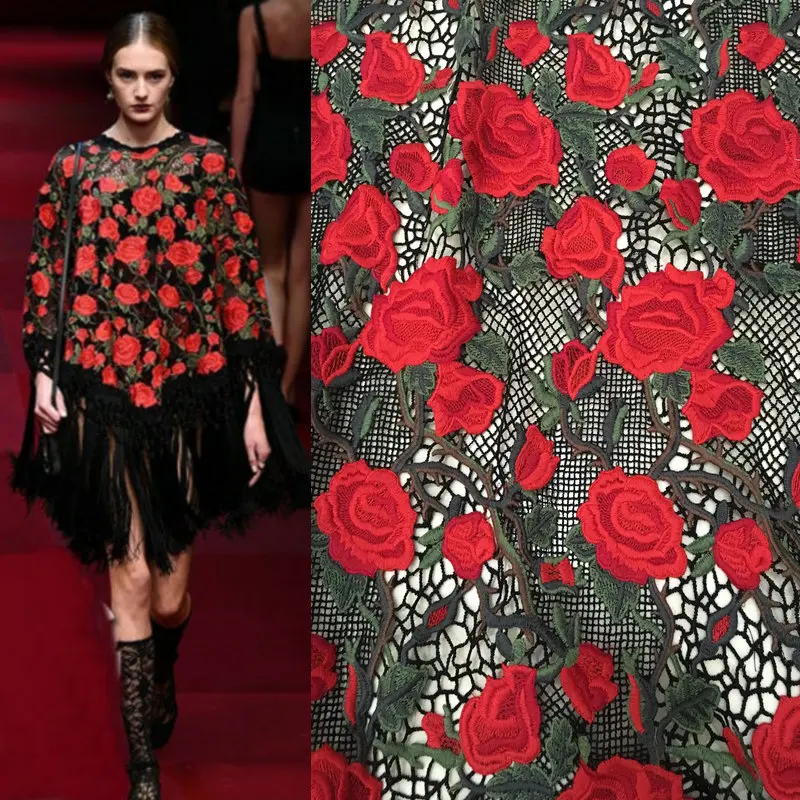

Red three-dimensional rose jacquard fabric heavyweight water-soluble embroidery embroidery DIY handmade lace fabric
