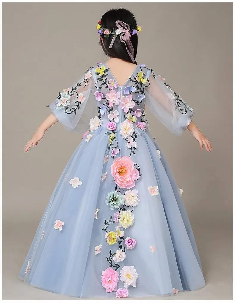 Синее платье для первого причастия с оборками и квадратным воротником, платье с цветочным узором для девочек платье принцессы для первого причастия HB2017
