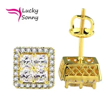 Los Hombres calientes Pendiente Hip Hop Bling AAA Cubic Zirconia Stud pendiente Cuadrado Geométrico Oro Plata de ley 925 CZ Stud pendientes