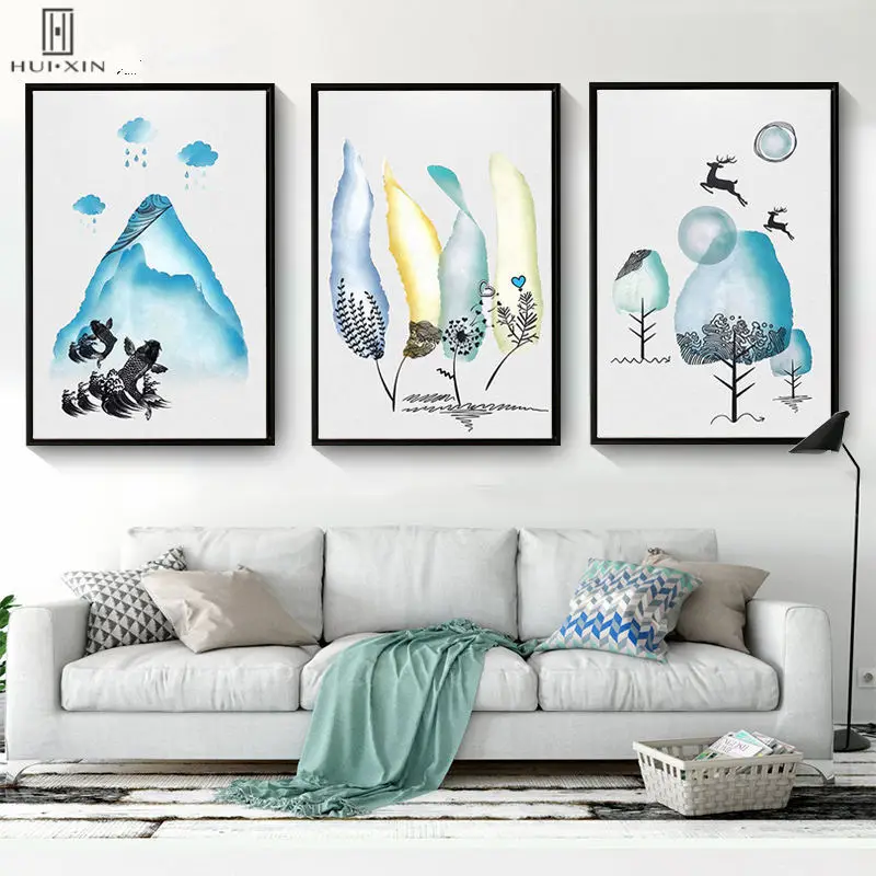 Creative Landscape Blue Mountain Rainy Day Flying Deers Trees HD Unframed Decorative Paintings For Living Room Home Decor