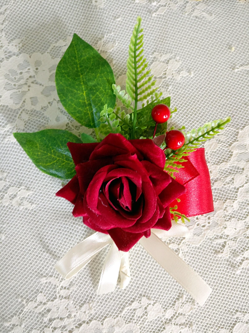 Бургундская брошь "Роза" корсаж для жениха цветы шафера винно-красный petalos de rosa de boda бутоньерки