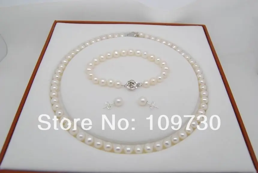 

Jewelry 00576 Natural 9-10MM AAA+ Akoya white pearl Necklace Set(Necklace&Bracelet&Earring (A0423)